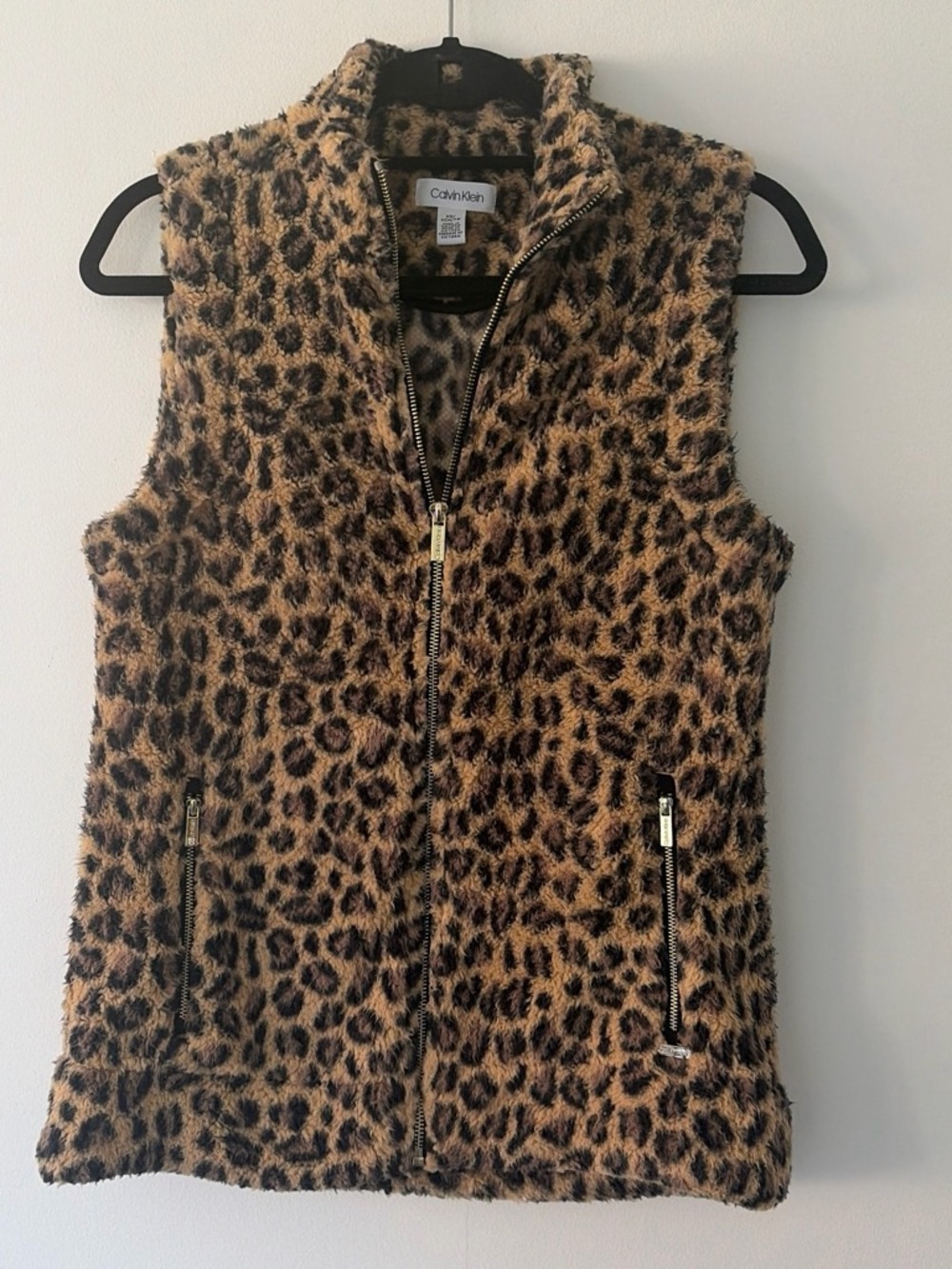 Calvin Klein Leopard Faux Fur Zip Vest - Tan & Black